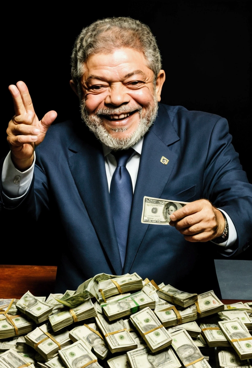 President of Brazil Lula holding a bunch of stolen money and smiling at his voters and making the letter L with his hand and next to him is Economy Minister Fernando Haddad with an embarrassed smile