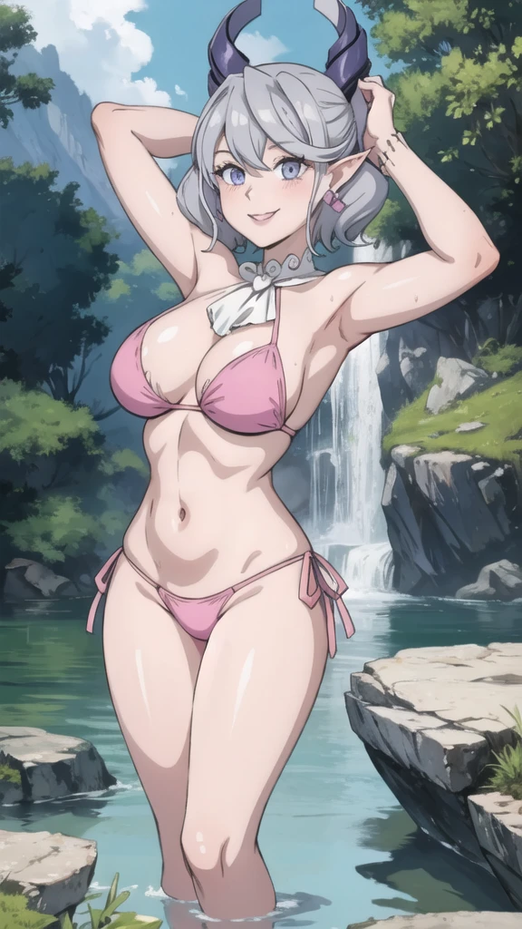 Waterfalls  High level image quality　best image quality　8K　 adult woman   background  a lake in the middle of jungle outside  more colors   whole body view　portrait　wearing dark pink bikini   　white horn    ears  　short hair（（shortcut）（gray hair）（perm）（fluffy））　eye color is blue ,  , 　attractive evil face , smile   ,  sexy pose   ,  labrynth ,  barearm , both arms over head  , wearing pink , one leg on rock    , standing , 