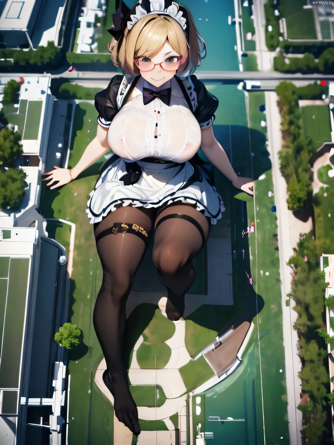 multiple girls, giantess art, highly detailed giantess shots, giantess, most detailed, perfect face, Two legs, Five fingers, short hair, A beautiful girl who is bigger than a skyscraper, Wearing rimless glasses, smile, huge breasts, Maid clothes, Black Pantyhose, no shoes on, toes visible through pantyhose, Steam coming out from the soles of my feet, Destroying cities, Under heavy attack, A very small big city, Miniature metropolis, Full body description, GTS, giga giantess, stomping city, crash city, tiny city, micro city, pantyhose feet, High resolution, highest quality, masterpiece,