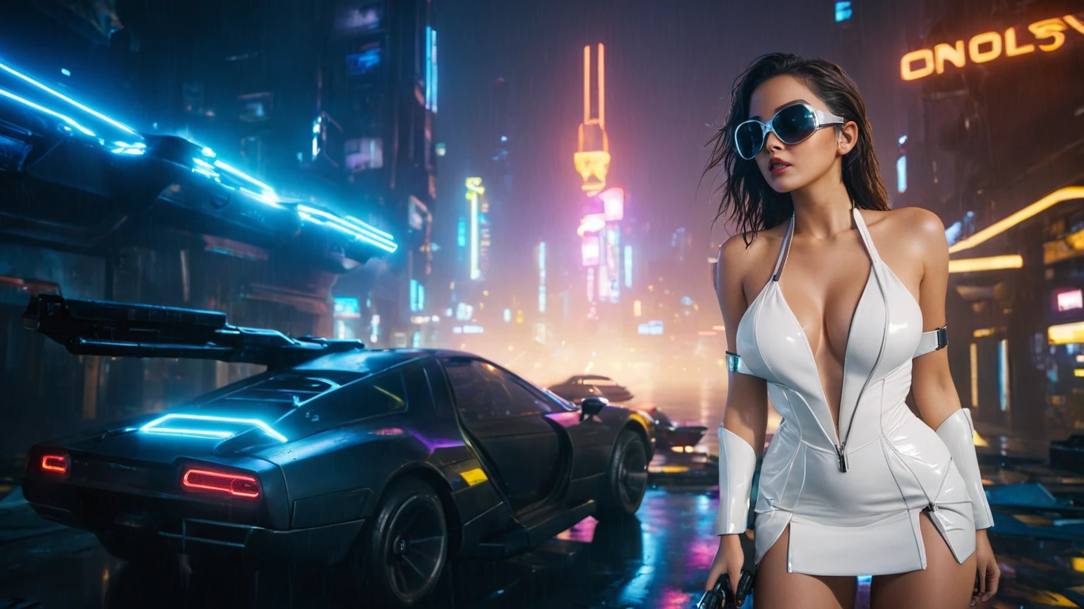 (aerial view, a flying cars docking platform, a very dark abandoned futuristic city, neon lights), rainy night. 1girl, solo, alone, large-breast:1.2 slim body, cleavage:1.1, sexy wind blowing wet dress:1.4, (headphone, black sunglasses), (((she raised a pistol:1.8 and shot:1.8 the viewer))), dynamic pose, (((half-body thigh level medium shot))), cinematic lighting, lens flare, ray tracing.