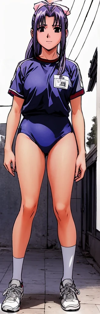 Momoko Koigakubo, a tall girl with beautiful legs, is standing with a smile on her face in a white gym uniform and light navy blue bloomers that look like panties.。