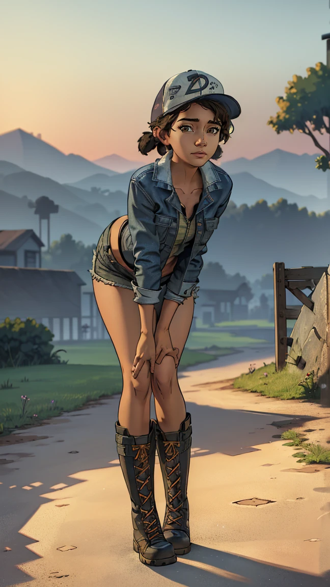 ((masterpiece, best quality)),(complex lighting) ,solo,(((1girl))) ,clementine, light skin,light-skinned female, baseball cap, green cargo shorts, brown eyes, tight shorts, combat boots, shirt, short hair, one short ponytail, open denim jacket, huge butt, thicc butt , (((8k))), (((full body))), (((bent over))), (((looking at the viewer)))