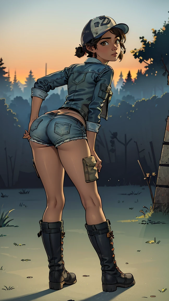 ((masterpiece, best quality)),(complex lighting) ,solo,(((1girl))) ,clementine, light skin,light-skinned female, baseball cap, green cargo shorts, brown eyes, tight shorts, combat boots, shirt, short hair, one short ponytail, open denim jacket, huge butt, thicc butt , (((8k))), (((full body))), (((bent over))), (((looking at the viewer)))