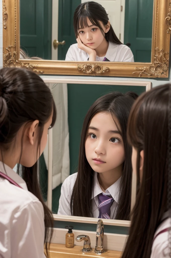 A high school girl worries when looking in the mirror、3rd person perspective、The girl and the person in the mirror look the same