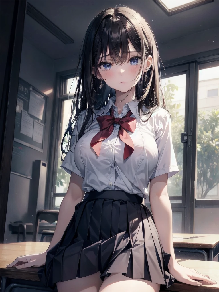 absurdres, RAW photo, extremely delicate and beautiful, masterpiece, Best Quality, ultra high resolution, 32k, hyperrealistic, ultra-detailed, delicate facial features, tearful mole, earring, very huge round breasts, medium hair, asymmetrical hair, whole body shot, indoor, short skirt, (school_uniform:1.2)