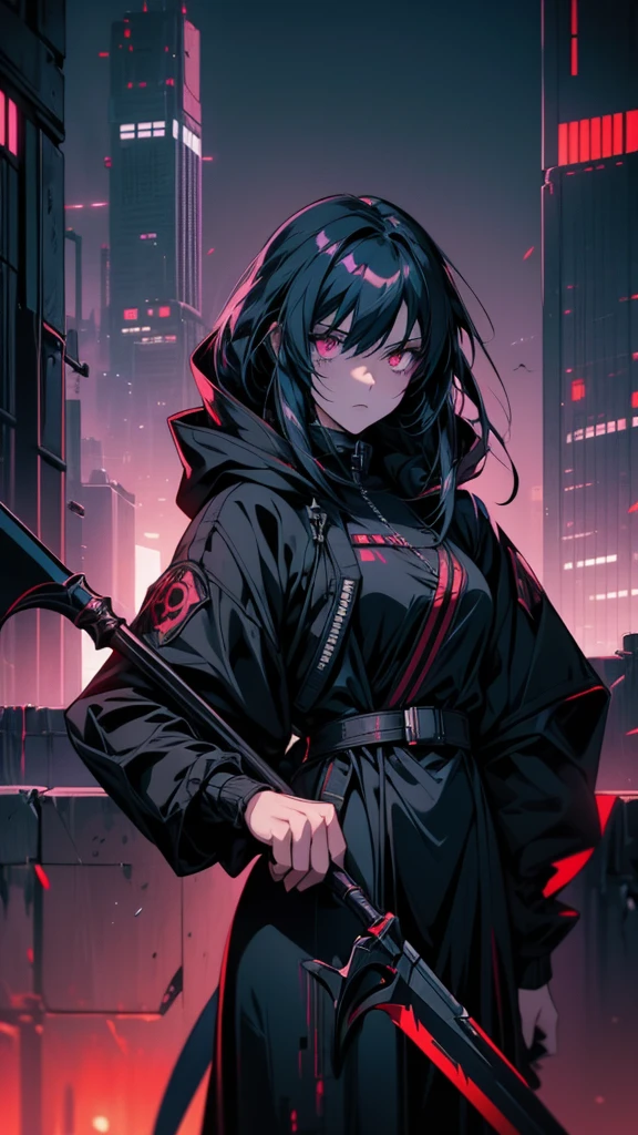 Woman in black dress holding a scythe in front of a city, Gap Moe Yandere Grimdark, from Arknights, Cyberpunk Anime Girl in hoodie, Gothic Maiden Anime Girl, Arknights, Devil Anime Girl, portrait Gap Moe Yandere Grimdark, Cyberpunk Anime Girl, akatsuki akira, Nightcore, vampire, Jan J