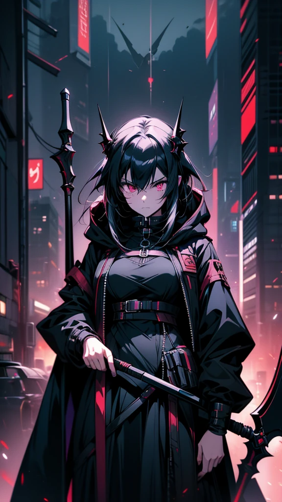 Woman in black dress holding a scythe in front of a city, Gap Moe Yandere Grimdark, from Arknights, Cyberpunk Anime Girl in hoodie, Gothic Maiden Anime Girl, Arknights, Devil Anime Girl, portrait Gap Moe Yandere Grimdark, Cyberpunk Anime Girl, akatsuki akira, Nightcore, vampire, Jan J