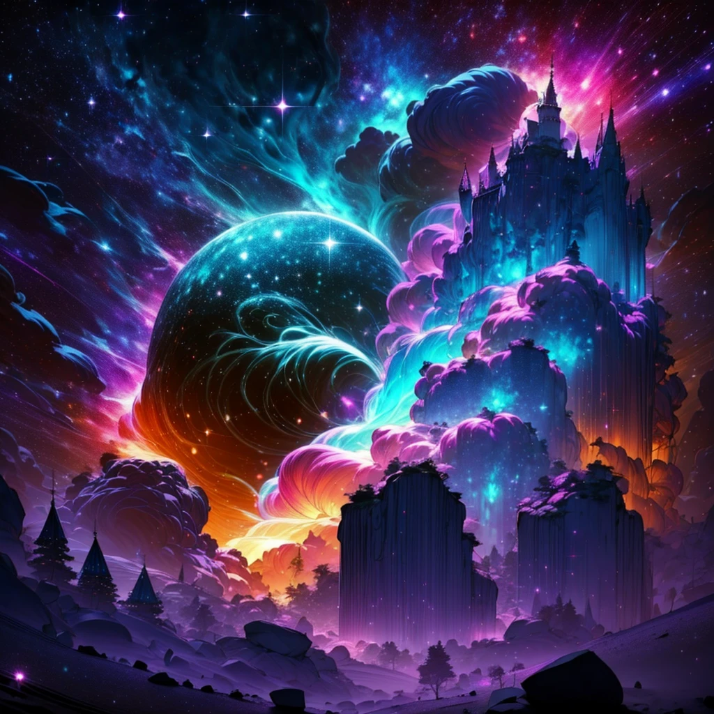 The image should evoke an atmosphere of mystery and magic. Include elements such as mysterious shadows, a dark and vibrant color palette, and touches of fantasy, like mystical beams of light and glowing effects. Imagine an enchanted forest or an ancient castle under a dim light.