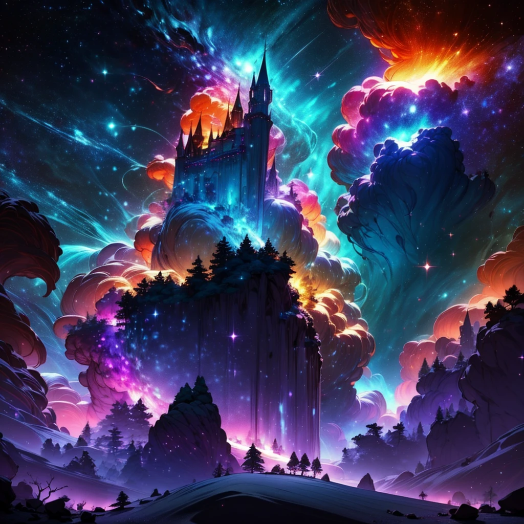 The image should evoke an atmosphere of mystery and magic. Include elements such as mysterious shadows, a dark and vibrant color palette, and touches of fantasy, like mystical beams of light and glowing effects. Imagine an enchanted forest or an ancient castle under a dim light.