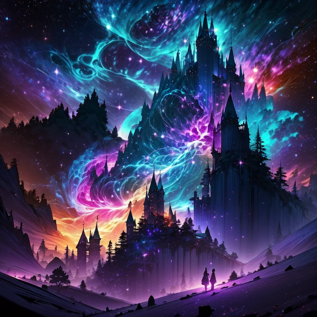 The image should evoke an atmosphere of mystery and magic. Include elements such as mysterious shadows, a dark and vibrant color palette, and touches of fantasy, like mystical beams of light and glowing effects. Imagine an enchanted forest or an ancient castle under a dim light.