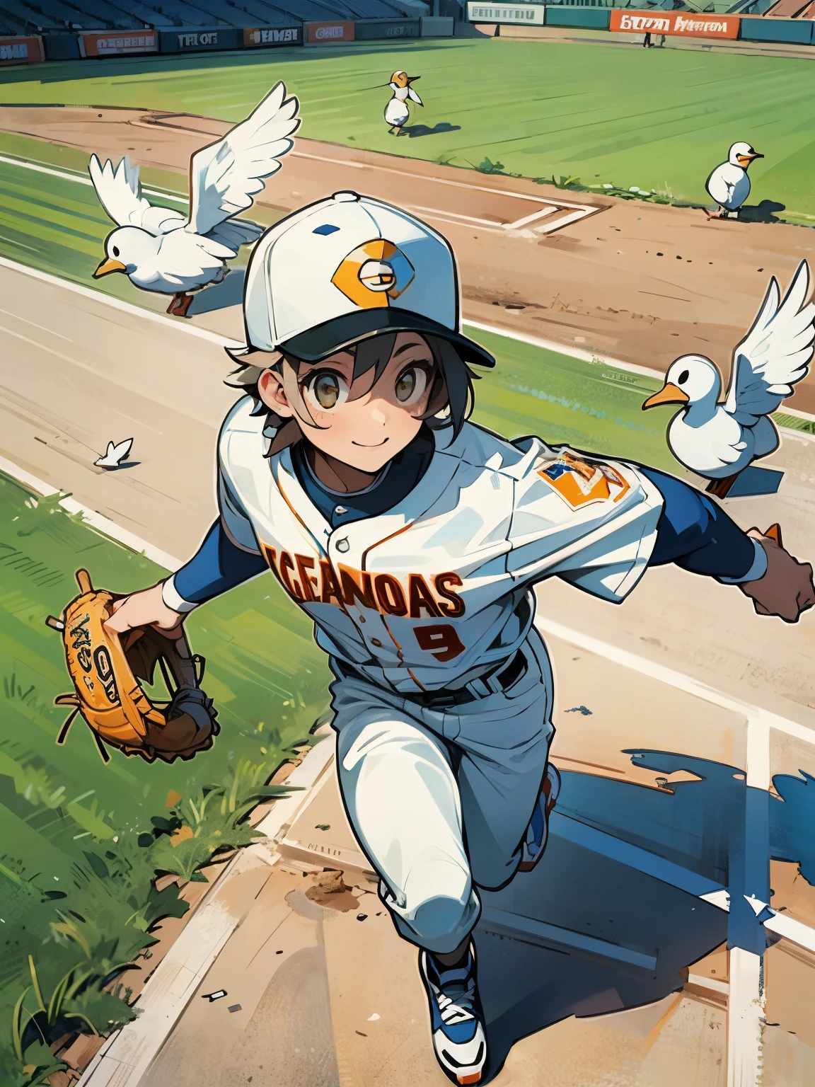 from above,white duck(bird),upperbody,Girl baseball player, smile, baseball cap, baseball player's clothes, spiked shoes,baseball stadium,Baseball diamond,slim,running,