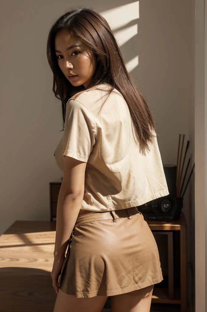 a shot of a beautiful sexy 28 year old asian woman from behind, Dark brown hair, straight hair, clear skin, made up, Brown eyes, big tits, with casual blouse and casual skirt, at home, natural lighting and shadows, hyperrealistic, detailed.