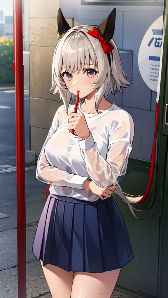 The clothes are wet, (Y-shirt is transparent: 1.4), skirt, (Unbroken body), (Perfect body structure), (arms two), (legs two), highest quality, 4K, (High resolution: 1.3) masterpiece , 1.2, Super detailed, HDR, Studio Lighting, Sharp Focus, Bright colors, Portrait, Warm tones, Soft Lighting,A bus stop in the evening rain、