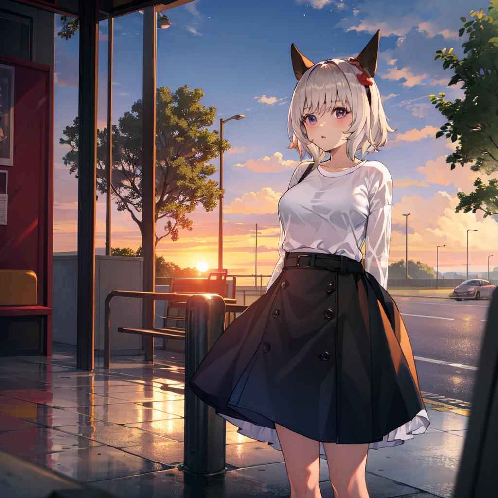 The clothes are wet, (Y-shirt is transparent: 1.4), skirt, (Unbroken body), (Perfect body structure), (arms two), (legs two), highest quality, 4K, (High resolution: 1.3) masterpiece , 1.2, Super detailed, HDR, Studio Lighting, Sharp Focus, Bright colors, Portrait, Warm tones, Soft Lighting,A bus stop in the evening rain、