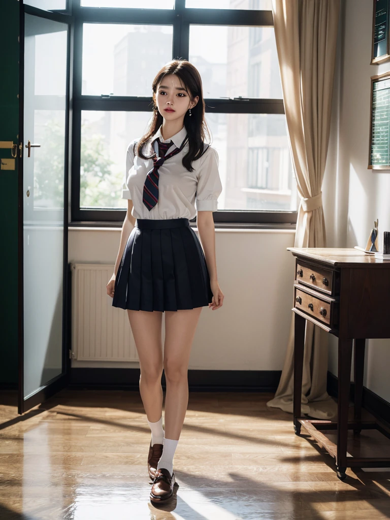 absurdres, RAW photo, extremely delicate and beautiful, masterpiece, Best Quality, ultra high resolution, 32k, hyperrealistic, ultra-detailed, delicate facial features, tearful mole, earring, very huge round breasts, medium hair, asymmetrical hair, (full body shot:1.2), indoor, short skirt, (school_uniform:1.2),