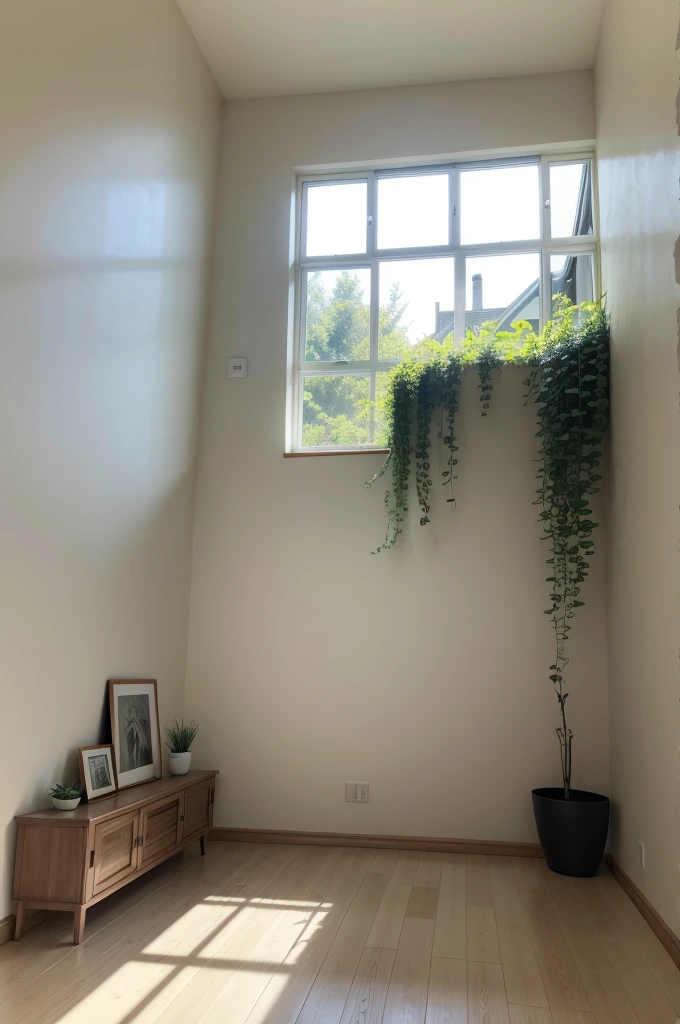 Create a background from within a modest home. In this background there may be plants, windows passing light on the right side. In the background, there cannot be any furniture behind it, just a very beautiful wall.