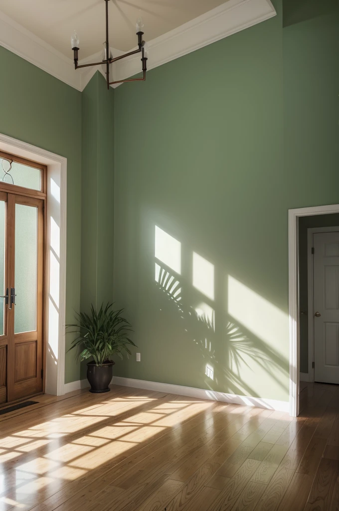 Create a background from within a modest home. In this background there may be plants, windows passing light on the right side. In the background, there cannot be any furniture behind it, just a very beautiful wall.