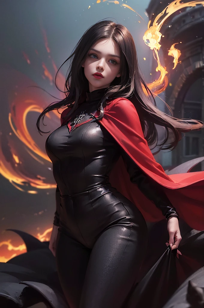 (skindentation:1.5), Realistic, Photorealistic, (masterpiece:1.5), concept art, intricate details, highly detailed, photorealistic, octane render, 8k, unreal engine, dynamic pose, best quality, highres, (realistic face:1.1), (hyperrealistic:1.1), (((full_body))), perfect eyes,(shiny skin:1.2), (((hairstyle))), (((perfect handtremely detailed background), ((dynamic background)), ((1girl)), (((wearing black jumpsuit, dark red long wizard cape))), ((detailed eyes, high quality eyes, high quality face)), (extremely intricate cape), red long hair, dramatic, depth of field, bokeh, 4k, (((underworld))), ((floating in the air)), (((black magic witch))), (((fierce eyes))), red vicious fire dragon