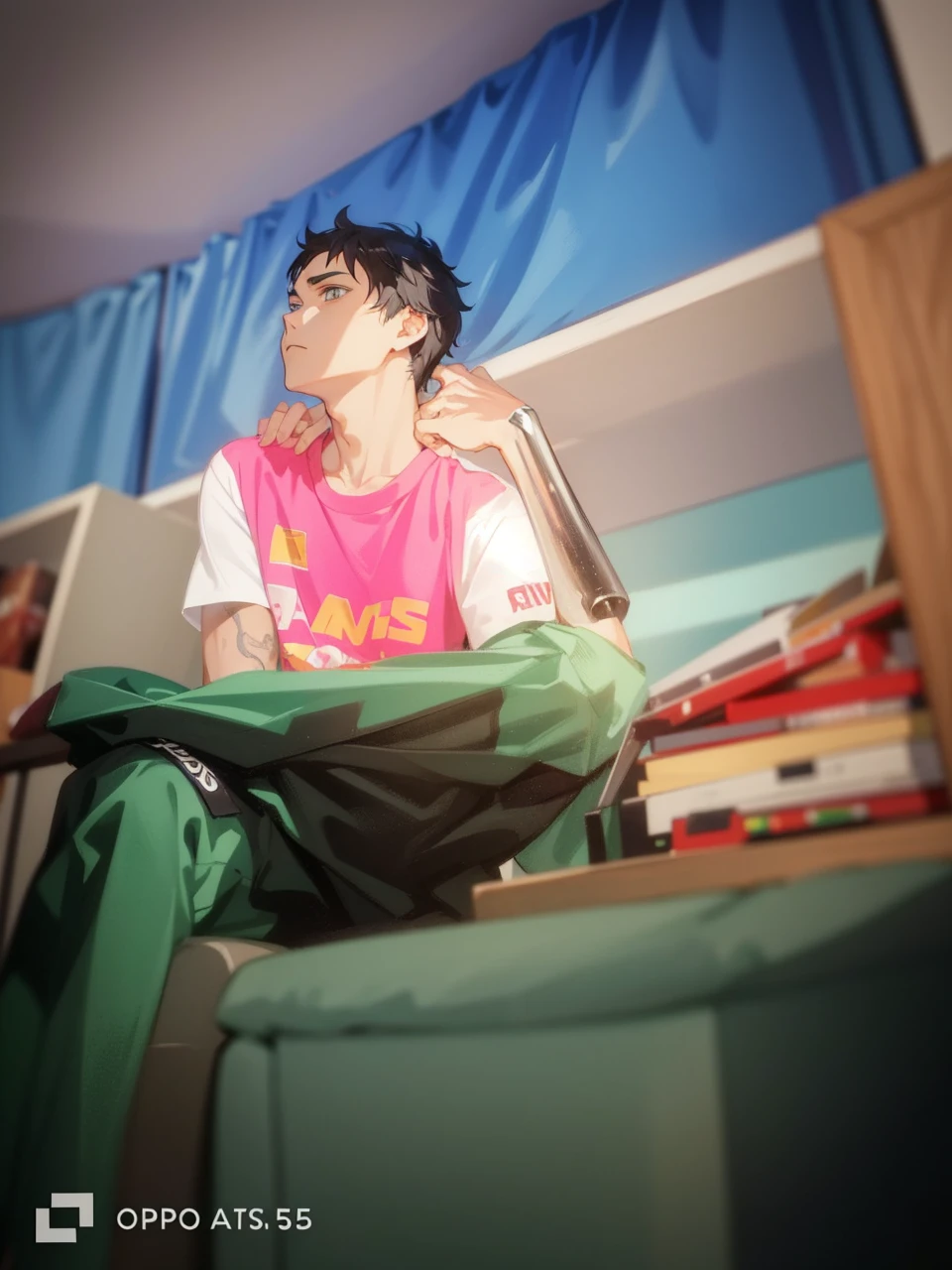 Anime Man, Handsome, Grey Eyes, Anime art style, Black Hair, Faded short hair, Wearing a modern T-shirt, slim, Different hairstyles for short hair