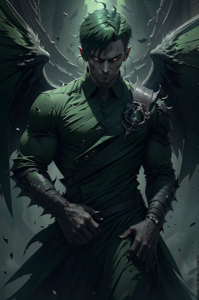 a demonic male, eyeless, with sharp teeth, short green hair, military haircut, thin, dark green wings, matte green body, wearing gangster clothes, (best quality,4k,8k,highres,masterpiece:1.2),ultra-detailed,(realistic,photorealistic,photo-realistic:1.37),horror,dark colors,chiaroscuro lighting
