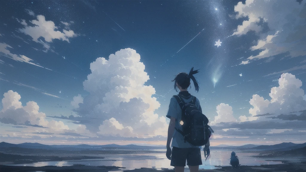 真っ暗なnight空,Octane, star (null), scenery, Blue parakeet,star, night, A girl back to back, sit,Back view,Outdoor, city,Blue parakeet,building, cloud, 天のriver,silhouette