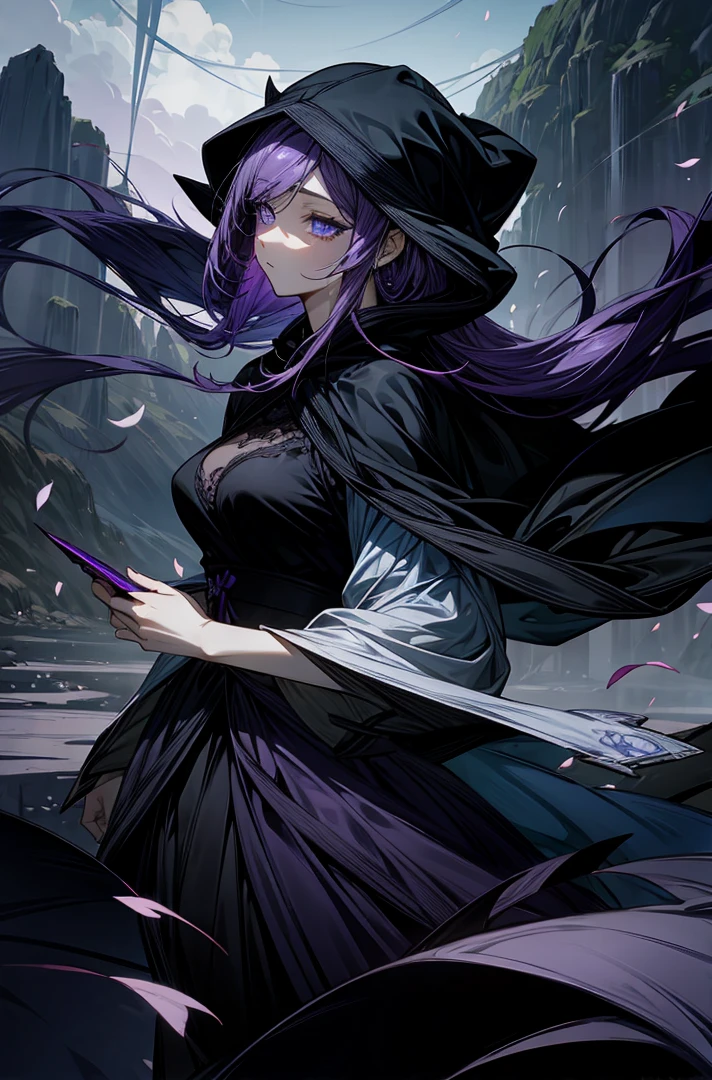 Blue-violet eyes、calm、Purple Hair、Dark look、Long Hair、Beautiful breasts、petal、Landscape、Black hood、Determined eyes