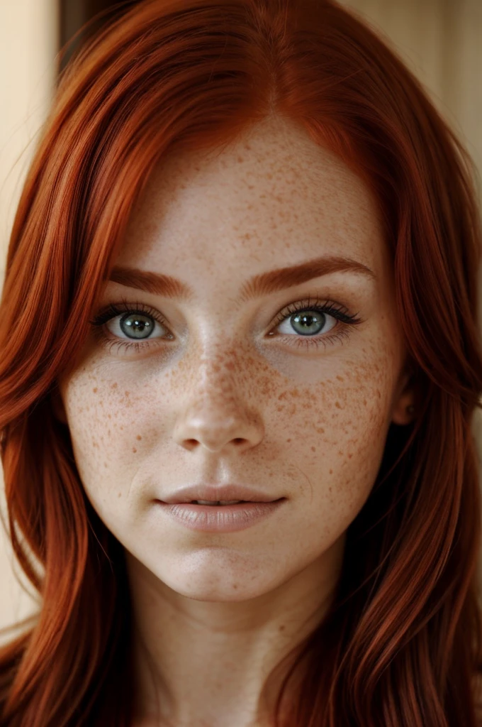 A red-haired woman, with freckles on the face, and hazel eyes, very beautiful 