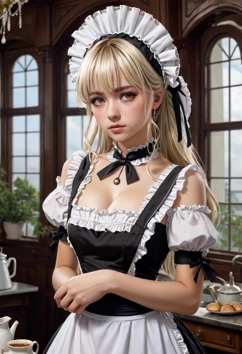 masterpiece, Highest quality, Very detailed, High resolution, High resolution,, Joe Bitt, What is, I'm not feeling well,, 1 girl, Lonely, bangs, Exposing shoulders, chest, Brown eyes, Clamp (Circle) (style), Platinum Blonde Hair, Very long hair, ear, , Capillary,, Maid, Maid headdress, Maid apron, victorian Maid, Maid dress,, mksks style, Beautiful background, Detailed Background, professional lightning, building, indoor, From Kane ornament, From Kane, From Kane effects,