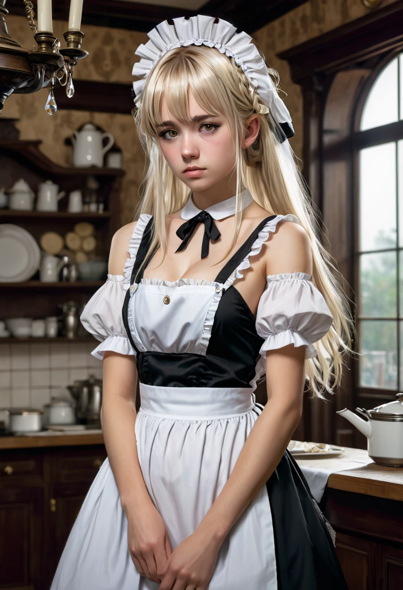 masterpiece, Highest quality, Very detailed, High resolution, High resolution,, Joe Bitt, What is, I'm not feeling well,, 1 girl, Lonely, bangs, Exposing shoulders, chest, Brown eyes, Clamp (Circle) (style), Platinum Blonde Hair, Very long hair, ear, , Capillary,, Maid, Maid headdress, Maid apron, victorian Maid, Maid dress,, mksks style, Beautiful background, Detailed Background, professional lightning, building, indoor, From Kane ornament, From Kane, From Kane effects,