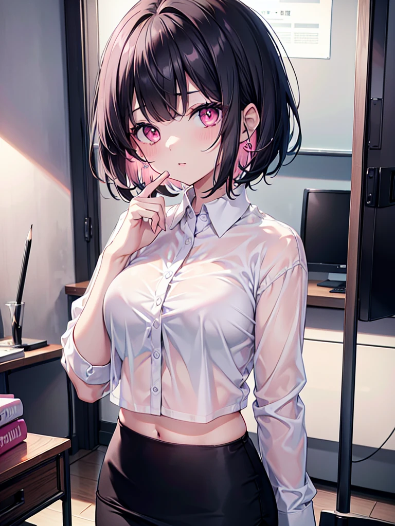 (8k、Highest quality、Highest quality、masterpiece)、Detailed face、One Girl、 
Black Hair、Bobcut、Embarrassing
(Pink Eyes)、panties、bra、NUDE
(White shirt、Black pencil skirt:1.2)、

big 、officeレディ、office、