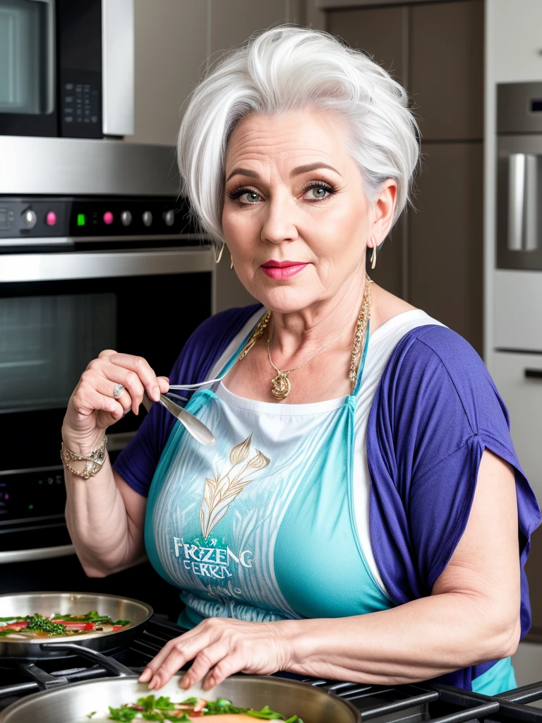 Mature woman aged 45 who looks like Frozen rapper style cooking 