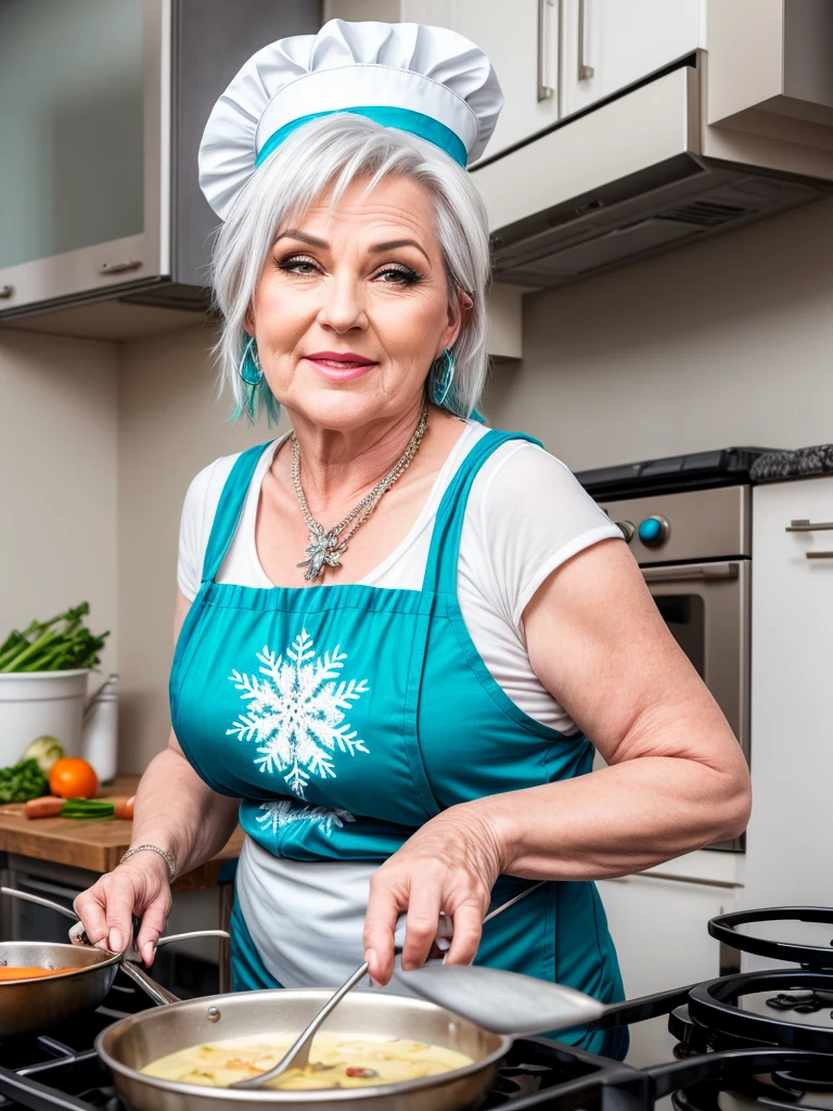 Mature woman aged 45 who looks like Frozen rapper style cooking