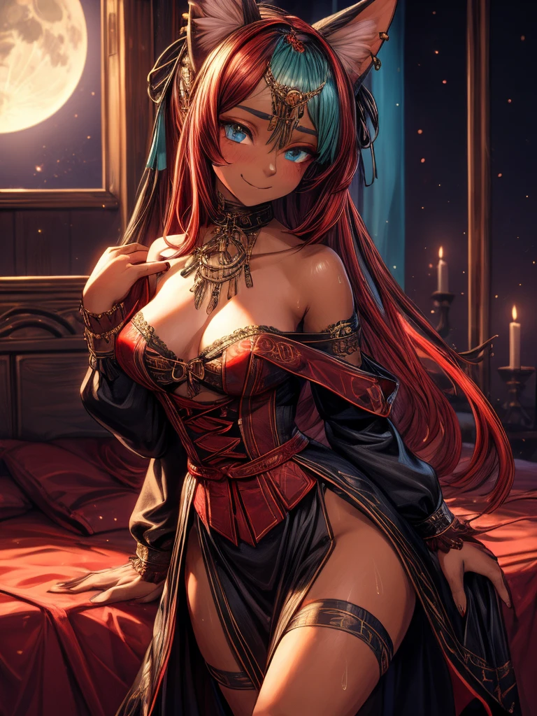 Miku Hatsune, add high definition_detail:1, tribal tattoo add_detail:1,put on the leg, Walking position during full moon showing her beautiful figure and outfit.. (black off shoulder blouse, mini ahort ) sweaty body add_details:1, smiling add_detailsl:1, ear piercing add_detail:1, cover position in bed add_detail, horny girl add_detail:1, seductive position add_detail:1, RED Saturation, photo style lighting add_detail:1, sensual bondage add_detail, very fine and detailed hands add_detail, cara angelical, (victorian dress)