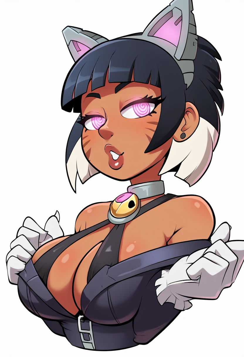 A cartoon image of an adult woman with black hair and [{dark skin tone}], with thick lips and long eyelashes. She is standing in a sensual pose, with a provocative expression and arched back. The character is dressed as a black cat, with a blunt fringe and big breasts, wearing tight, revealing clothes. The art is in cel shaded anime style, with a simple white background and very high details. She is wearing white gloves and has purple spiral eyes.. The image has a Kantai collection style and moe art, with covered breasts and is safe for work (SFW). The details are extremely high and the image is a detailed fanart, high resolution (4K), with meticulous attention to anatomical details and [{dark skin tone}]. There is a light and innocent atmosphere, with the representation being careful regarding suggestive and sexual elements. The image includes a woman in a bikini with cat ears and [{dark skin tone}], designed by popular and high quality artists, like Artgerm and Shitao. The art highlights [{dark skin tone}] in detail, with additional elements of [{dark skin tone}] incorporated into the background and accessories.