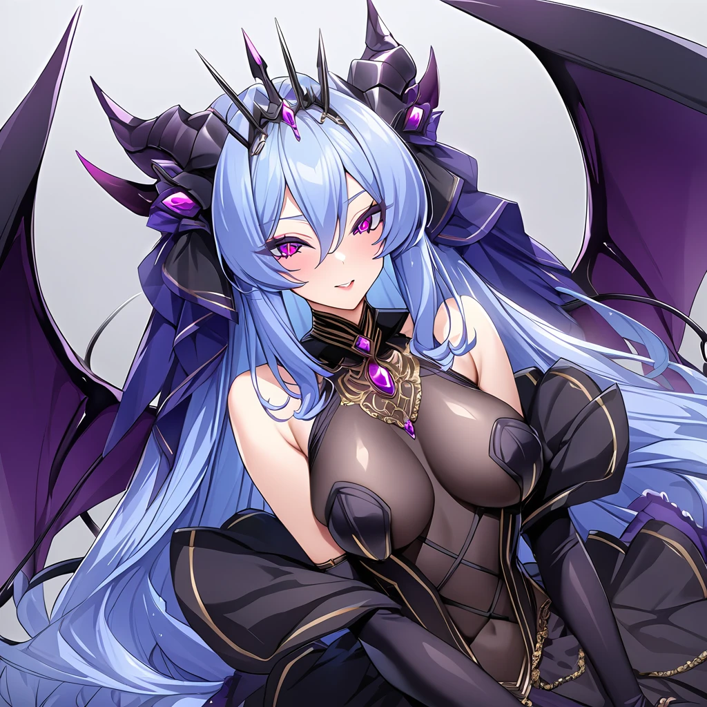 ((Highest quality)), ((masterpiece)), (detailed), (Perfect Face)、The woman was a beautiful, jet-black archdemon with jet-black skin, the Devil Queen Extia, the queen of evil. She had medium-long blue hair, a gorgeous black wedding dress with gold embroidery and trim, a black wedding veil, an engagement ring, and gorgeous accessories. She was the beautiful, elegant archdemon queen, lavishly decorated and jeweled.、A beautiful, jet-black-skinned demon with magnificent devil horns, devil wings, and a devil tail.