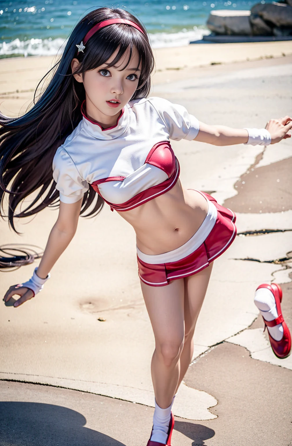Strapless Bikini，Pink shoes，White socks，anger，Small Breasts，Black long hair，Star hairpin，Top view