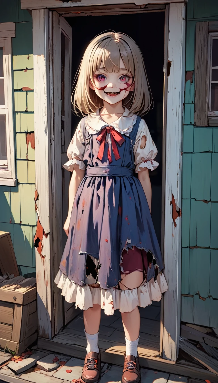 8 year old horror girl,Torn clothing,house.Bizarre smile'Eyes wearing silver-white mirrored lens sunglasses、I looked at the world reflected in the lenses of my sunglasses...(Side Pony,Colorful Hair),