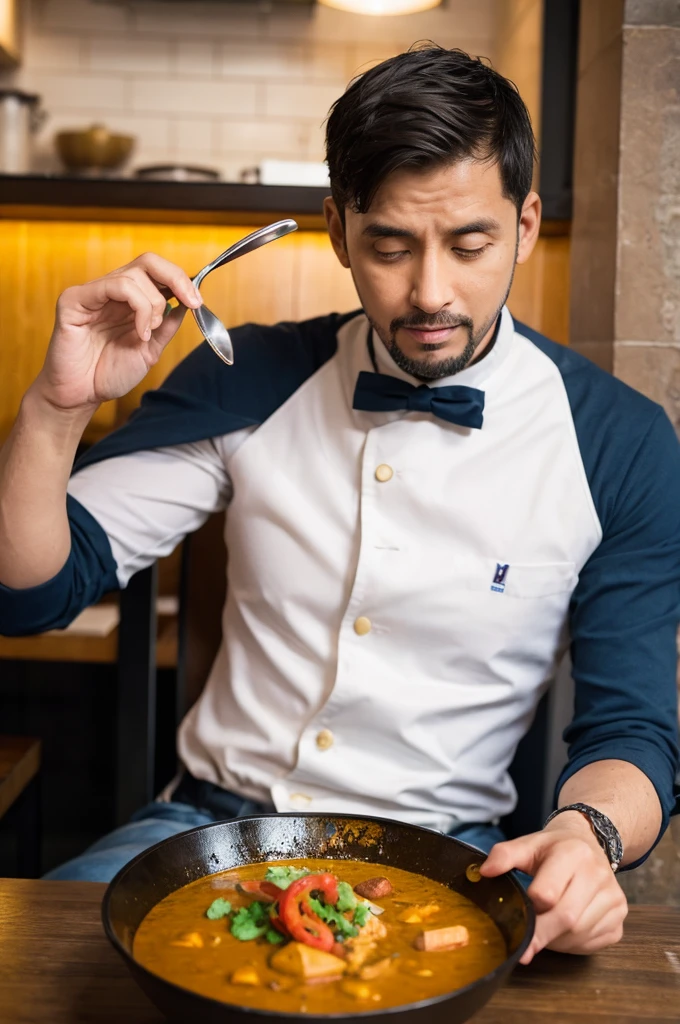 A cool adult man eating curry