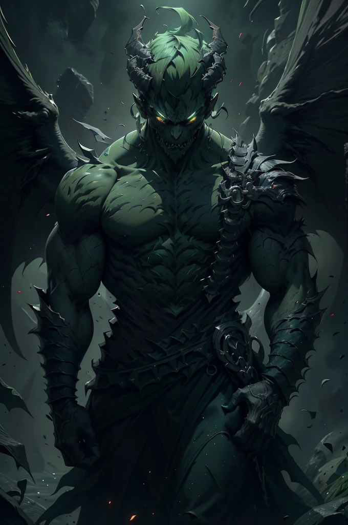 a demonic male, eyeless, with sharp teeth, short green hair, military haircut, thin, dark green wings, matte green body, wearing gangster clothes, (best quality,4k,8k,highres,masterpiece:1.2),ultra-detailed,(realistic,photorealistic,photo-realistic:1.37),horror,dark colors,chiaroscuro lighting
