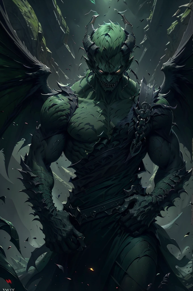 a demonic male, eyeless, with sharp teeth, short green hair, military haircut, thin, dark green wings, matte green body, wearing gangster clothes, (best quality,4k,8k,highres,masterpiece:1.2),ultra-detailed,(realistic,photorealistic,photo-realistic:1.37),horror,dark colors,chiaroscuro lighting