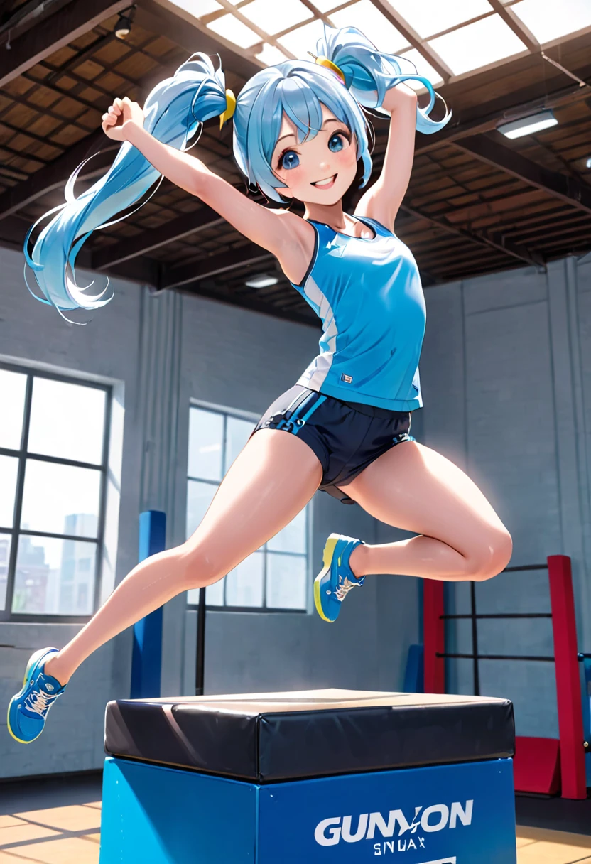 A beautiful girl with long light blue hair and twin tails, Wear gym clothes, Jumping on a vaulting box. Bright smile