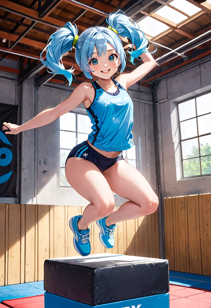 A beautiful girl with long light blue hair and twin tails, Wear gym clothes, Jumping on a vaulting box. Bright smile