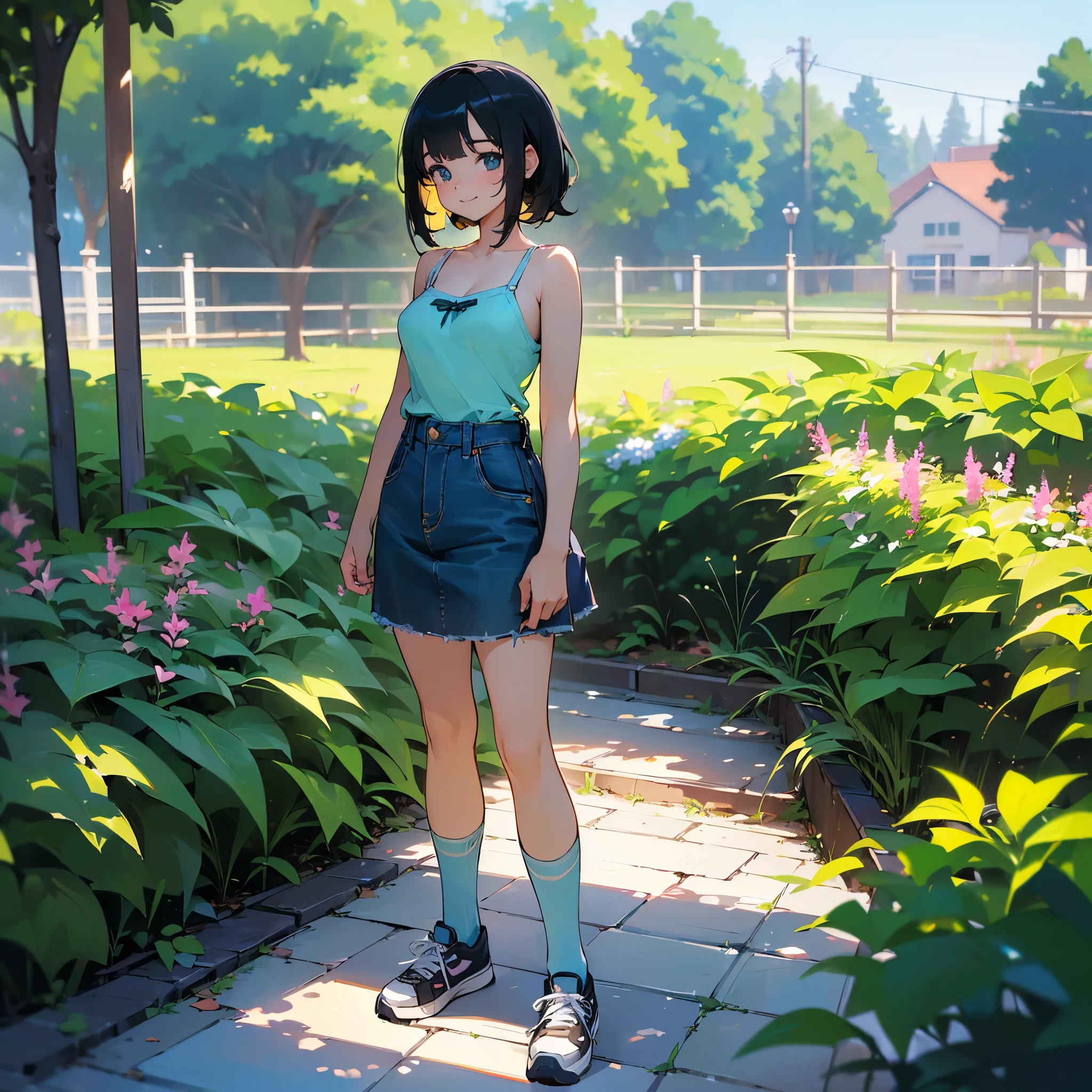 (high quality, High resolution, Very detailed, reality:1.37), Peaceful atmosphere, (Outdoor, garden), Teenage girl standing alone, (my breasts are big.), Beautiful details, Cute Smile, (Black bob hair), camisole, Denim skirt, Blue socks, sneakers.