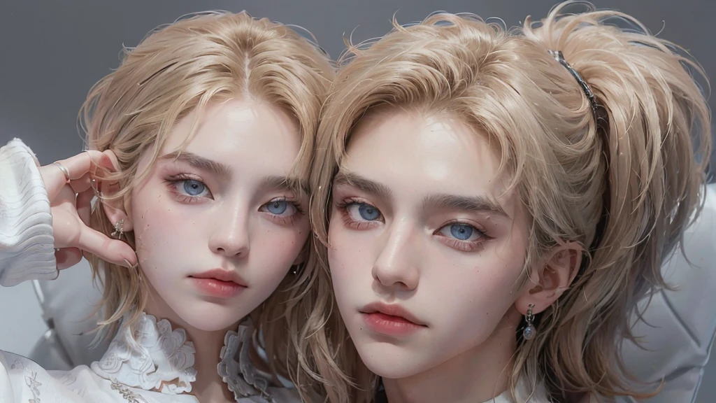 ((Couple)),official art, unity 8k wallpaper, ultra detailed, aesthetic, masterpiece, best quality, photorealistic,((fantasy)),((white studio background)),((man&girl)),((sensual eyes)),((detailed eyes)),((detailed face)),((detailed body)),((badboy face)),((badboy)),((handsome)),((modeling poses)),((model)),((juicy lips)),((casual outfit)),((short hairstyle)),((perfect v shape head)),((taking couple picture)),((posing like model)),((modeling poses))