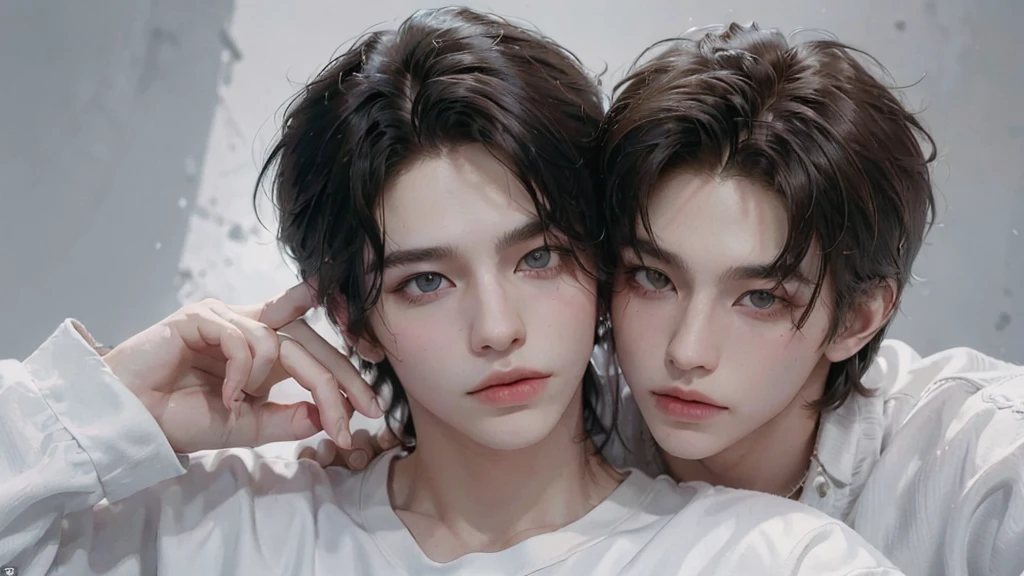 ((Couple)),official art, unity 8k wallpaper, ultra detailed, aesthetic, masterpiece, best quality, photorealistic,((fantasy)),((white studio background)),((man&girl)),((sensual eyes)),((detailed eyes)),((detailed face)),((detailed body)),((badboy face)),((badboy)),((handsome)),((modeling poses)),((model)),((juicy lips)),((casual outfit)),((short hairstyle)),((perfect v shape head)),((taking couple picture)),((posing like model)),((modeling poses))