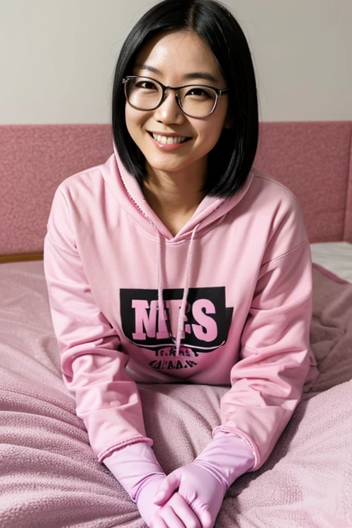 A Japanese woman with glasses and black hair in a shaved style, wearing a sweatshirt and jeans, lying on her bed in her room and wearing large pink rubber gloves and smiling gently