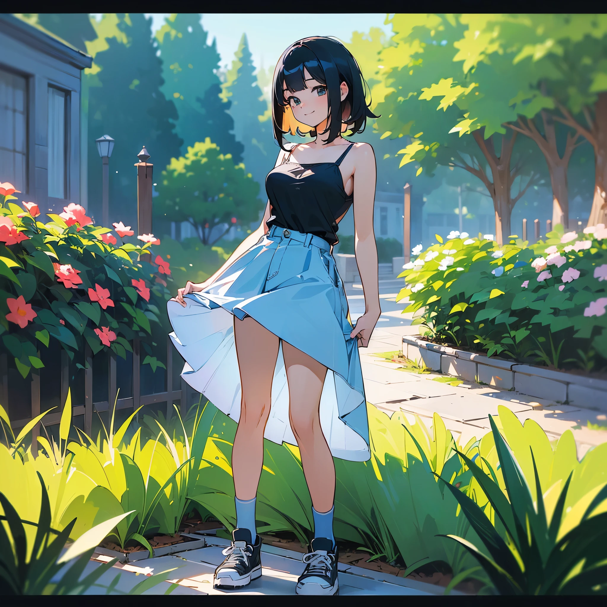 (high quality, High resolution, Very detailed, reality:1.37), Peaceful atmosphere, (Outdoor, garden), Teenage girl standing alone, (my breasts are big.), Beautiful details, Cute Smile, (Black bob hair), camisole, Denim skirt, Blue socks, sneakers.