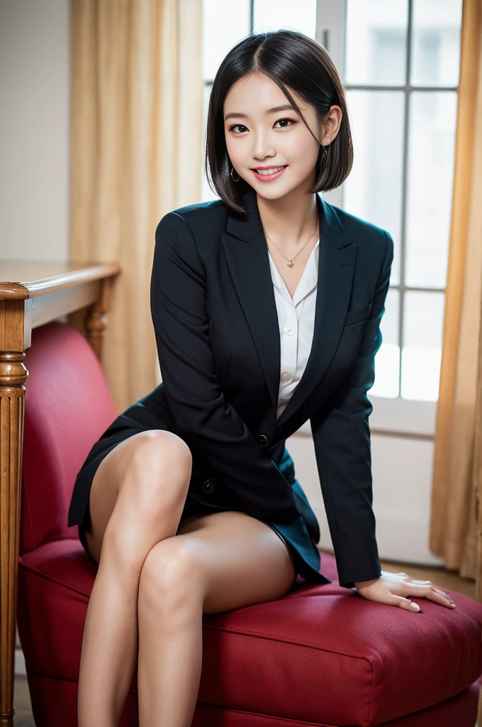 Pure Japanese young girl, outstanding body, beautiful legs, wearing formal suits, high heels, vivid makeup and lips, thick eyebrows, formal black hair styles, sweet smile, professional portrait photography, sitting in bright room, 