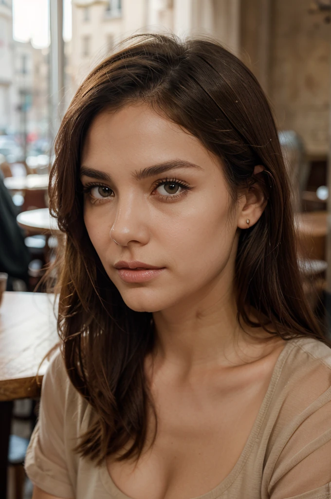 Gabriela Silva Nogueira has fair skin and a uniform, natural texture. Her hair is blonde, straight and length reaches her waist. She has her hair down. The eyes are green, large and expressive, with an intensity that attracts attention. The face shape is oval, with prominent cheekbones and a softly defined chin. The mouth has a naturally full shape, with soft, pink lips. She displays a calm and serene look, her expression suggesting a contemplative stillness. She is in a restaurant in Paris with her face illuminated by sunlight. She is sitting on a chair in Egypt