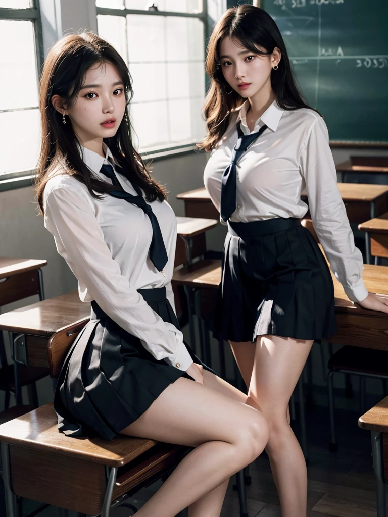 masterpiece, best quality, illustration, Super detailed, fine details, High resolution, 8K,wall paper, perfect dynamic composition,(Details High quality, realistic depiction of eyes:1.3), (2 girls), (white school shirt :1.2), (plaid skirt :1.3), tie black, black thigh-high stockings, sitting, open legs, short bob hair, in a classroom, blackboard in the background, deep on field, large breasts, black hair color, Big Natural Color Lip, (perfect body shape), crying a little、Harajuku style、30 year old girl、cute type、lolita、 Gravure Idol